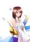  1girl bare_shoulders blue_eyes breasts brown_hair cleavage dekataros detached_sleeves final_fantasy final_fantasy_x green_eyes heterochromia highres japanese_clothes jewelry looking_at_viewer necklace short_hair smile solo yuna yuna_(ff10) 