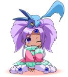  00s 1girl artist_request blush chibi dark_skin dress long_hair meredy one_eye_closed open_mouth pantyhose purple_hair quickie shoes tales_of_(series) tales_of_eternia twintails violet_eyes 
