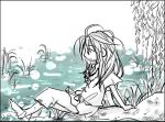  androgynous barefoot do_do_goki long_hair monochrome nature outdoors solo water yayoi_period 