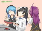  3girls ahoge apron bare_shoulders black_apron black_hair blue_hair cooking double_bun food food_on_head fried_egg frying_pan hagikaze_(kantai_collection) hairband highres isokaze_(kantai_collection) kantai_collection multiple_girls object_on_head open_mouth ponytail purple_hair roppako school_uniform serafuku side_ponytail stove sweatdrop urakaze_(kantai_collection) white_apron 