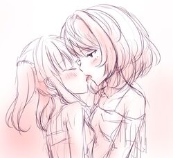  2girls female gradient gradient_background idolmaster idolmaster_cinderella_girls kiss monochrome multiple_girls ogata_chieri takagaki_kaede yuri 