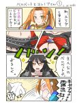  4koma belt black_hair blush boots braid breasts coat comic eleanor_(tales) green_eyes long_hair navel open_mouth orange_eyes orange_hair short_hair short_shorts shorts smile tales_of_(series) tales_of_berseria twintails under_boob velvet_crowe 