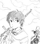  00s 1girl androgynous clouds ground_vehicle gun hermes kino kino_no_tabi monochrome motor_vehicle motorcycle short_hair sky solo tagme weapon 