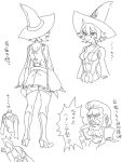  1boy 1girl belt boots breasts cape_removed character_request character_sheet choker cleavage cosmic_bear detached_sleeves detail hat how_to lineart little_witch_academia messy_hair monochrome navel navel_cutout pleated_skirt shiny_chariot short_hair skirt smile thigh-highs translation_request wide_sleeves witch_hat 
