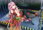  1girl bare_shoulders black_legwear breasts center_opening cleavage detached_sleeves elbow_gloves fingerless_gloves gloves guilty_crown hair_ornament hairclip highres looking_at_viewer pink_hair red_eyes sitting sketch solo tszfung_tse_3 twintails yuzuriha_inori 