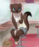  1girl artist_request blue_eyes drinking female ferret full_body furry indoors nature plant sitting solo 