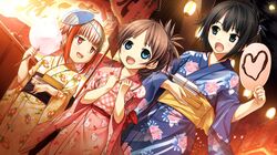  3girls arishima_alice black_eyes black_hair blue_eyes blush brown_hair chopsticks cotton_candy cura dutch_angle eyebrows eyebrows_visible_through_hair flat_(company) game_cg hair_up happy highres holding japanese_clothes kimono lantern long_sleeves looking_at_another looking_away looking_down mask monobeno moon multicolored_hair multiple_girls night obi open_mouth outdoors red_eyes sash sawai_natsuha short_hair size_difference sky smile standing sumi_(monobeno) wide_sleeves yukata 