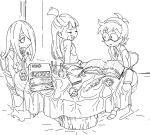  3girls ahoge akko_kagari belt book bottle chair cosmic_bear crease dress feathers freckles glasses hair_over_one_eye hat hat_removed headwear_removed high_ponytail inkwell lineart little_witch_academia long_dress long_hair lotte_yanson monochrome multiple_girls notebook ponytail short_hair sitting skull_and_crossbones studying sucy_manbabalan table torn_clothes uniform_vest 