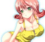  1girl bare_shoulders blush bottomless breasts cleavage final_fantasy final_fantasy_viii flipped_hair green_eyes jewelry large_breasts leaning_forward necklace overalls sakurada_mei selphie_tilmitt short_hair skirt smile solo white_background yellow_skirt 