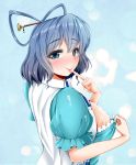  1girl blue_eyes blue_hair blush breasts finger_licking hair_ornament hair_stick kaku_seiga koza47322 large_breasts licking looking_back solo touhou 