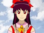  1girl animated animated_gif artist_request bow clapping clouds cloudy_sky congratulations detached_sleeves drawfag hair_bow hair_tubes hakurei_reimu long_hair lowres neon_genesis_evangelion parody sidelocks simple_background sky smile solo touhou upper_body 