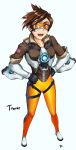  1girl :d brown_hair collarbone from_above fur_trim goggles hands_on_hips highres nishiumi_yuuta open_mouth overwatch short_hair skin_tight smile tracer_(overwatch) 