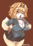  1girl blue_eyes breasts candy female fox furry licking long_hair orange_hair shinobe simple_background skirt solo tongue 