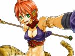  1girl animal_ears aosa_(momikin) breasts breath_of_fire breath_of_fire_ii bustier cat_ears cat_tail facial_mark furry gloves green_eyes midriff no_panties no_pants orange_hair pointy_ears redhead rinpoo_chuan short_hair solo staff tail 