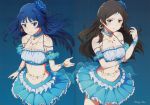  2girls armband ayano_yuu_(sonma_1426) bare_shoulders black_hair blue_background blue_eyes blue_hair blue_skirt blush breasts choker cleavage earrings flower gradient gradient_background hair_flower hair_ornament highres idolmaster idolmaster_million_live! jewelry kitazawa_shiho large_breasts legs long_hair looking_at_viewer midriff mogami_shizuka mound_of_venus multiple_girls navel necklace off_shoulder orange_eyes simple_background skirt standing thighs 