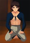  1boy 90s abs ashitaka barefoot brown_hair feet looking_at_viewer male_focus mononoke_hime muscle pecs pov solo toes undressing 