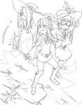  3girls akko_kagari bags_under_eyes belt boots cosmic_bear curly_hair dress freckles glasses hair_over_one_eye hat hood hoodie knee_boots lineart little_witch_academia long_dress long_hair lotte_yanson magic magical_girl miniskirt monochrome multiple_girls ponytail shadow short_hair side_slit skirt sucy_manbabalan wand wide_sleeves witch witch_hat 