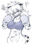  1girl boxing_gloves breasts bruise collarbone fang furry injury large_breasts long_hair looking_at_viewer monochrome navel open_mouth original oyatsu_(mk2) solo squiggle tears translation_request white_background 