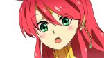  1girl :o animated animated_gif blush circlet earrings gorget green_eyes jewelry long_hair meteoride open_mouth pyrrha_nikos redhead rwby simple_background turtleneck upper_body white_background 