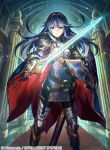  1girl armor artist_request blue_eyes breasts female fire_emblem fire_emblem:_kakusei fire_emblem_cipher looking_at_viewer lucina nintendo official_art open_mouth shield shiny shiny_hair solo sword 