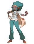  10s 1girl afro aloe_(pokemon) blue_hair dark_skin genzoman gym_leader looking_at_viewer parted_lips poke_ball pokemon pokemon_(game) pokemon_bw smile solo 