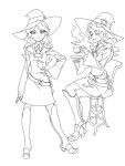  1girl belt boots chair character_sheet closed_eyes cosmic_bear cup diana_cavendish hand_on_hip hat holding holding_cup holding_plate hood knee_boots legs_crossed lineart little_witch_academia looking_at_viewer monochrome sitting smile steam teacup wavy_hair wide_sleeves witch_hat 