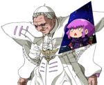  0_0 1boy 1girl artist_request bowing chibi gundam haman_karn hat lowres neo_zeon old_man parody pope_benedict_xvi qubeley real_life robe short_hair shoulder_pads sidelocks silver_hair simple_background source_request triangle_mouth very_short_hair white_background zeta_gundam 