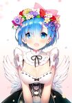  1girl :d angel_wings ayamy bangs blue_eyes blue_hair blunt_bangs blush breasts cleavage collarbone commentary_request detached_collar eyebrows_visible_through_hair eyes_visible_through_hair flower flower_wreath frills hair_flower hair_ornament hair_over_one_eye hair_ribbon head_wreath looking_at_viewer maid medium_breasts open_mouth pink_ribbon purple_ribbon re:zero_kara_hajimeru_isekai_seikatsu rem_(re:zero) ribbon ribbon-trimmed_clothes ribbon_trim short_hair simple_background smile solo underbust upper_body wings x_hair_ornament 