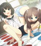  2girls arishima_alice back bare_arms bare_legs barefoot black_hair blue_eyes blush breasts brown_hair cura feet flat_(company) game_cg green_eyes highres indoors leaning_back legs looking_at_viewer looking_down monobeno multiple_girls open_mouth panties sawai_natsuha short_hair short_sleeves shorts small_breasts spread_legs squatting thighs toes top-down_bottom-up twintails underwear 
