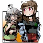  2girls ? ahoge ayame_(0419) brown_hair eyebrows eyebrows_visible_through_hair grey_eyes grey_hair hood hoodie hoshi_shouko idolmaster idolmaster_cinderella_girls kamiya_nao looking_back multiple_girls mushroom pants red_eyes shirt skirt t-shirt thick_eyebrows 