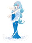  1girl blue_eyes blue_hair buntatta dress earrings female full_body hand_on_own_chest highres jewelry long_hair looking_at_viewer open_mouth personification pokemon primarina shell_earrings simple_background solo starfish_hair_ornament very_long_hair white_background 