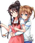  2girls :o apron black_hair blue_eyes blush brown_hair gleision_adain high_school_fleet holding hug hug_from_behind long_hair looking_at_another looking_at_viewer misaki_akeno multiple_girls munetani_mashiro ponytail red_apron red_eyes school_uniform serafuku short_hair signature simple_background soup_ladle twintails white_background 