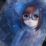  1girl anyezi bangs black-framed_eyewear brown_eyes brown_hair cold commentary eyelashes glasses hair_bun in_container labcoat mei_(overwatch) overwatch parted_lips pink_lips ribbed_sweater sidelocks smile solo steam sweater swept_bangs teeth upper_body water_drop 