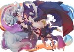  1girl 2girls animal_ears bangs bell black_hair blue_eyes blue_hair blunt_bangs breast_press breasts cleavage collarbone detached_sleeves erun_(granblue_fantasy) fox_ears fox_tail from_side full_body fur_trim glowing glowing_eyes granblue_fantasy hair_bell hair_ornament highres jingle_bell light_smile long_hair looking_at_viewer medium_breasts midriff multiple_girls open_mouth red_eyes reku_hisui sideboob silver_hair smile socie_(granblue_fantasy) symmetrical_docking tail thigh-highs very_long_hair yuel_(granblue_fantasy) 