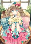  aqua_eyes bird blush boots brown_hair company_name copyright_name doll_joints dress drill_hair flower hair_flower hair_ornament indoors looking_at_viewer manle official_art open_mouth pillow qurare_magic_library sitting sprout watermark window 
