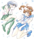  2girls ankle_boots bishoujo_senshi_sailor_moon blue_boots blue_skirt boots color_switch covering_mouth full_body green_boots green_skirt hair_bobbles hair_ornament high_ponytail kino_makoto knee_boots kobeya_(tonari_no_kobeya) mizuno_ami multiple_girls ponytail sailor_jupiter sailor_mercury skirt 