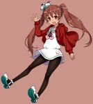  1girl adapted_costume alternate_legwear black_legwear brown_eyes brown_hair dress hair_ribbon kantai_collection libeccio_(kantai_collection) long_hair looking_at_viewer open_mouth pantyhose pink_background red_sweater ribbon sailor_dress solo sweater tun twintails 