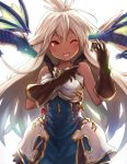 1girl ;d ahoge armor armored_dress blue_dress blush dark_skin dragon dress gloves granblue_fantasy leather leather_gloves long_hair one_eye_closed open_mouth red_eyes simple_background smile solo tgh326 the_order_grande white_background white_hair 
