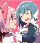  /\/\/\ 2girls :d ^_^ blue_hair blush bow cape closed_eyes gloves hair_bow magical_girl mahou_shoujo_madoka_magica miki_sayaka multiple_girls open_mouth pink_background pink_bow pink_eyes pink_hair puffy_short_sleeves puffy_sleeves red_bow sakana_(14894735) short_hair short_sleeves simple_background smile twintails white_cape white_gloves 