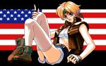  1girl :d ahoge american_flag bandaid bandaid_on_nose belt blonde_hair blue_eyes boots bra brass_knuckles breasts brown_boots brown_gloves brown_vest bustier buttons camouflage clenched_hand emily_barnet eyebrows fingerless_gloves flag_background fujisan_goushi full_body game_cg gloves headband index_finger_raised knees_up looking_at_viewer midriff open_clothes open_mouth open_vest pc98 short_hair short_shorts shorts sitting small_breasts smile solo star the_queen_of_duellist thigh-highs thighs underwear vest weapon white_bra white_legwear 