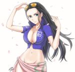  1girl black_hair blue_eyes breasts cleavage floral_print high_collar large_breasts light_smile long_hair looking_at_viewer midriff navel nico_robin one_piece partially_unzipped petals short_sleeves solo sunglasses sunglasses_on_head tonnelee upper_body vest 