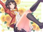  1girl arms_behind_head bangs black_hair blazer blush bow bowtie commentary flower frilled_skirt frills grey_eyes ispin_charles jacket kneehighs legs_up petals short_hair skirt solo striped striped_background sunflower tales_weaver thighs uniform yellow_bow yellow_bowtie yukise_akito 