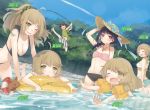  1boy 1other 5girls ahoge animal bikini braid breasts brown_hair child closed_eyes condensation_trail dutch_angle expressionless fishing fishing_rod green_eyes halterneck hand_on_own_head hat highres holding innertube jumping kinoshita_ringo_(no-rin) kippu large_breasts leaning_forward long_hair multiple_girls nakazawa_minori navel necktie no-rin official_art one-piece_swimsuit open_mouth outdoors pink_eyes polka_dot polka_dot_swimsuit short_hair striped striped_swimsuit sun_hat swim_trunks swimsuit wading water water_wings wince 