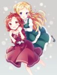  2girls :d barefoot blonde_hair blush dress frills green_dress hair_bun hand_holding hands_on_another&#039;s_shoulders highres izetta long_hair looking_at_viewer looking_up multiple_girls open_mouth ortfine_fredericka_von_eylstadt red_dress red_eyes redhead short_hair shuumatsu_no_izetta smile sparkle violet_eyes yaegorou 