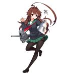  &gt;:d 1girl :d ahoge alternate_costume black_legwear brown_hair cannon fish full_body huge_ahoge kantai_collection kuma_(kantai_collection) long_hair necktie open_mouth pantyhose pleated_skirt red_eyes sailor_collar skirt smile solo standing standing_on_one_leg tama_(kantai_collection)_(cosplay) thighband_pantyhose tun turret 