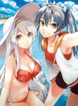  2girls alternate_costume bikini black_hair breasts brown_eyes cleavage clouds cloudy_sky commentary_request front-tie_bikini front-tie_top grin hairband hat kantai_collection long_hair looking_at_viewer multiple_girls navel shoukaku_(kantai_collection) side-tie_bikini sitting sky small_breasts smile sun_hat swimsuit tendou_itsuki twintails vest white_hair zuikaku_(kantai_collection) 