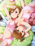  2girls alarm_clock alternate_costume armpits bangs blush breasts brown_eyes brown_hair camisole cleavage clock collarbone futami_ami futami_mami garana hair_ornament hair_scrunchie hand_on_own_forehead idolmaster long_hair looking_at_viewer lying midriff multiple_girls navel on_back on_side open_mouth pillow scrunchie short_hair shorts siblings side_ponytail sisters small_breasts tablet twins 