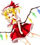  1girl aka_tawashi ascot blonde_hair blush closed_mouth crystal dutch_angle flandre_scarlet frilled_shirt_collar frills hat hat_ribbon highres looking_at_viewer mob_cap petticoat puffy_short_sleeves puffy_sleeves red_eyes red_ribbon red_skirt red_vest ribbon shirt short_sleeves side_ponytail skirt skirt_set solo touhou white_background white_shirt wings wrist_cuffs 