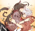  2boys absurdres ahoge animal_ears black_hair butterfly cat_ears cat_tail closed_eyes flower highres hiro_(14806390) honebami_toushirou hood hoodie kemonomimi_mode male_focus multiple_boys namazuo_toushirou petals ponytail smile tail touken_ranbu violet_eyes white_hair 