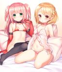  2girls :o babydoll bangs bare_legs barefoot bed_sheet black_bow black_bowtie black_legwear blonde_hair blunt_bangs blush bow bowtie bra braid breasts choker closed_mouth elbow_gloves eyebrows eyebrows_visible_through_hair gloves green_eyes lace lace-trimmed_panties looking_at_viewer multiple_girls navel no_panties original panties pillow pink_hair pink_panties red_bra red_gloves shouni_(sato3) side-tie_panties small_breasts smile swept_bangs thigh-highs two_side_up underwear yellow_eyes 